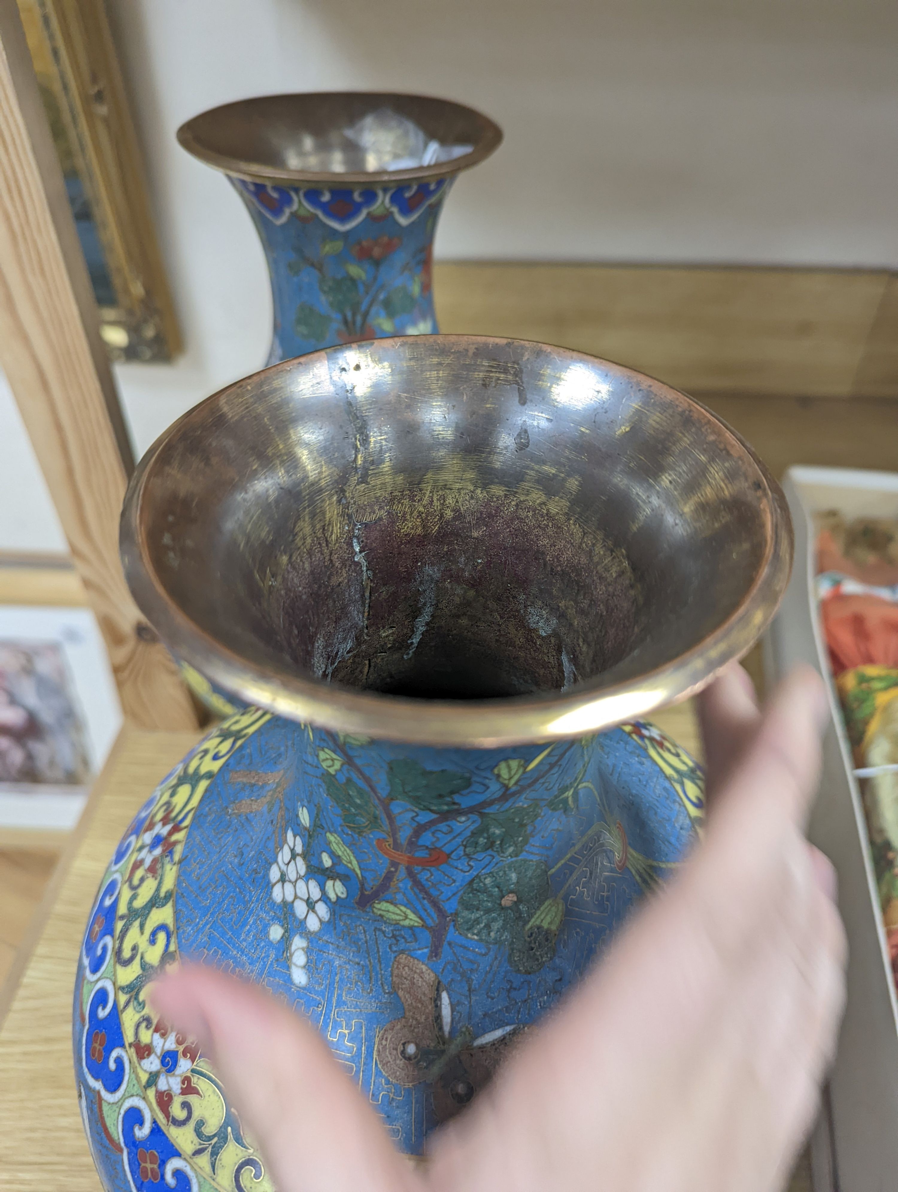 A pair of late 19th/early 20th century Chinese cloisonné enamel ‘Buddhist emblems’ vases 36cm